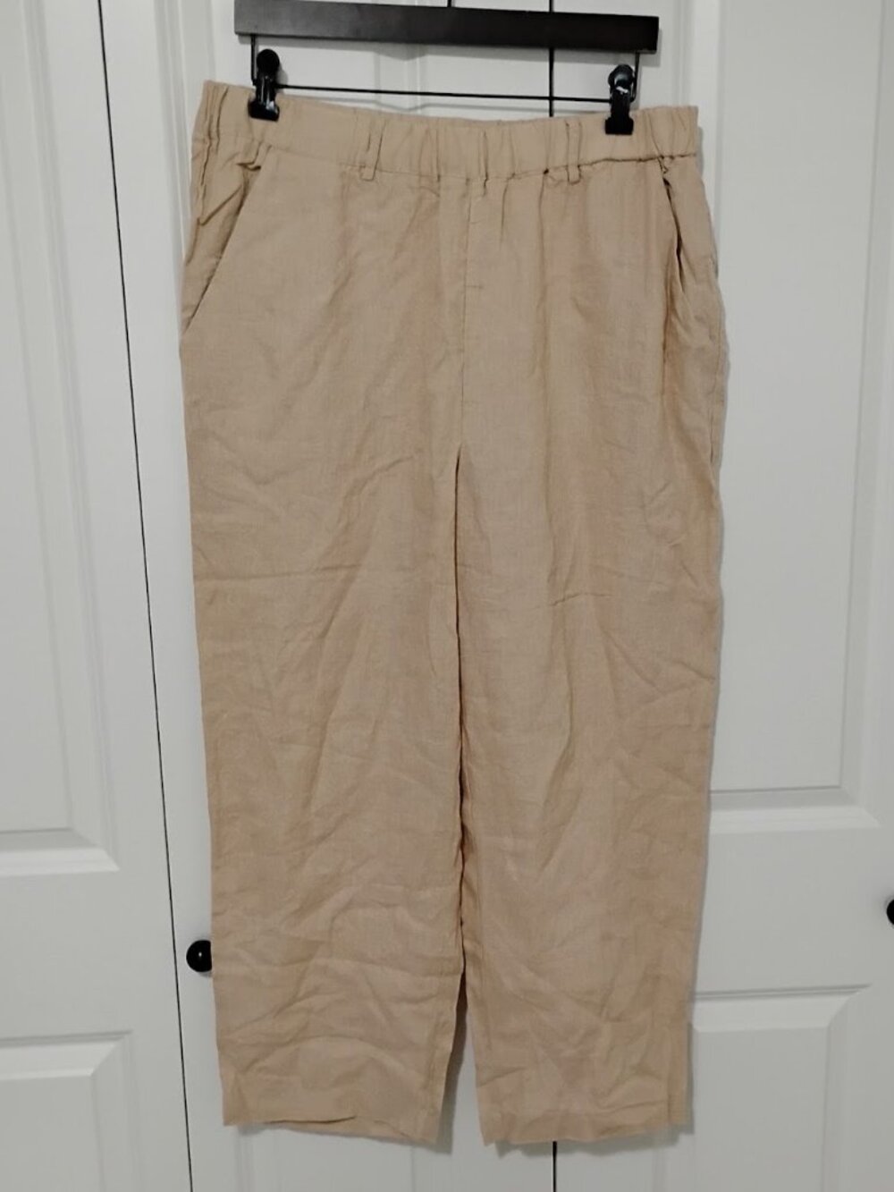 Quince Women's Beige 100% Linen Pleated Wide-Leg Pull-On Trouser Pants Size L